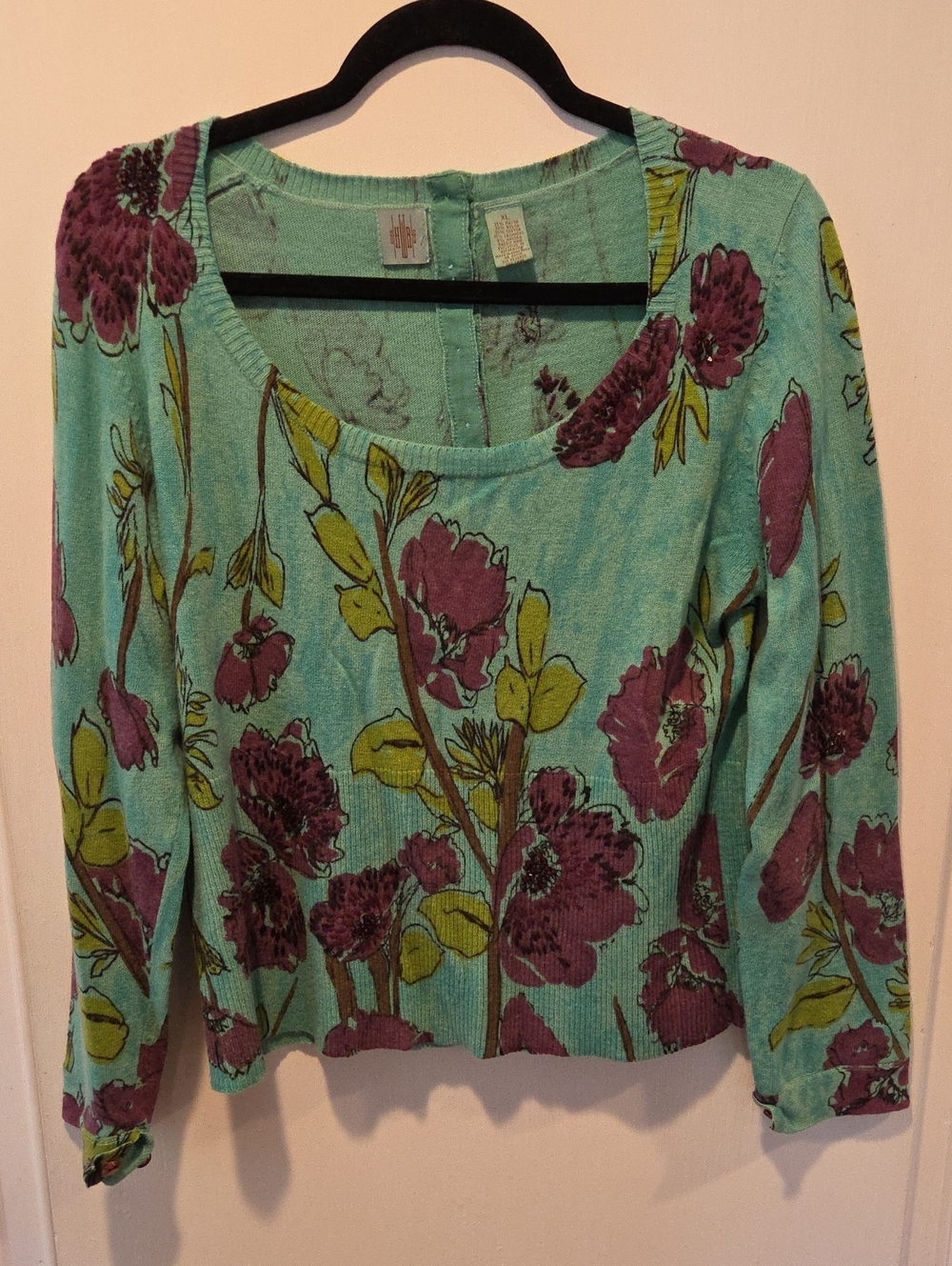 Anthropologie HWR Floral Scoop-Neck Beaded Sweater XL